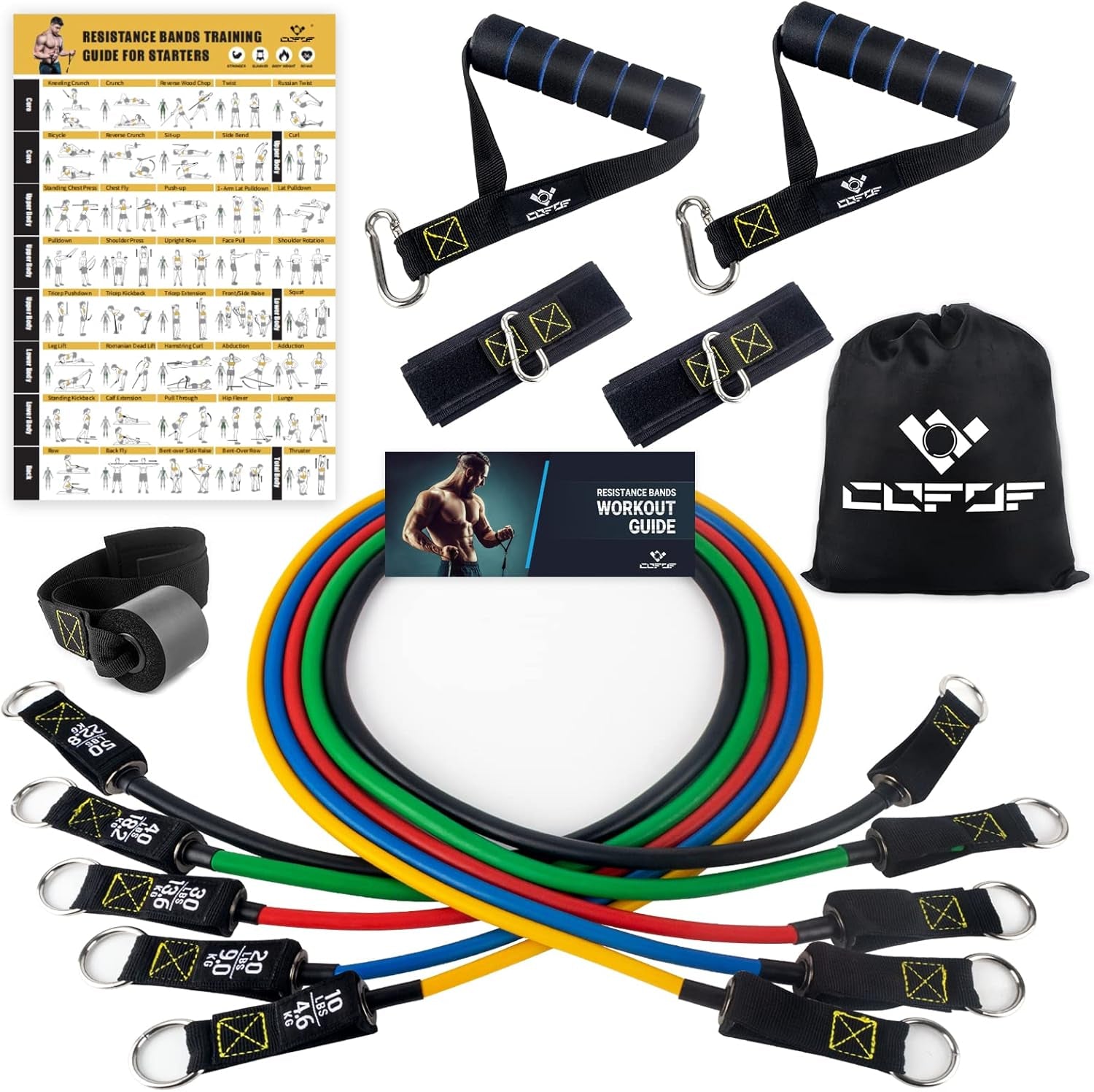 Resistance Bands Set with Handles, Exercise Bands Workout Bands Fitness Bands with Door Anchor, Legs Ankle Straps for Resistance Training，Physical Therapy，Home Gym Workout