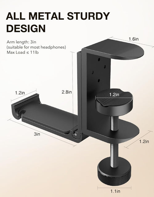 Load image into Gallery viewer, Headphone Hook Desk, Headphones Stand under Table Foldable Headset Holder Clamp Hanger Mount, Built in Cable Clip Organizer for PC Gaming, Office, Backpack Bag Purse Hanging
