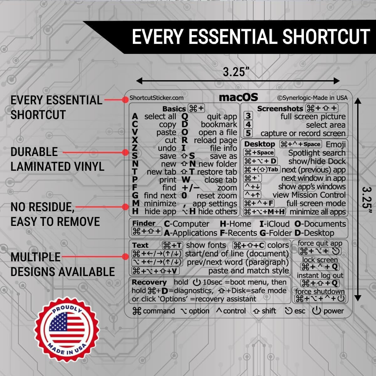 Mac OS (Monterey/Big Sur/Catalina/Mojave) Keyboard Shortcuts, M1+Intel, Clear Vinyl Sticker, Compatible with 13-16-Inch Macbook Air/Pro