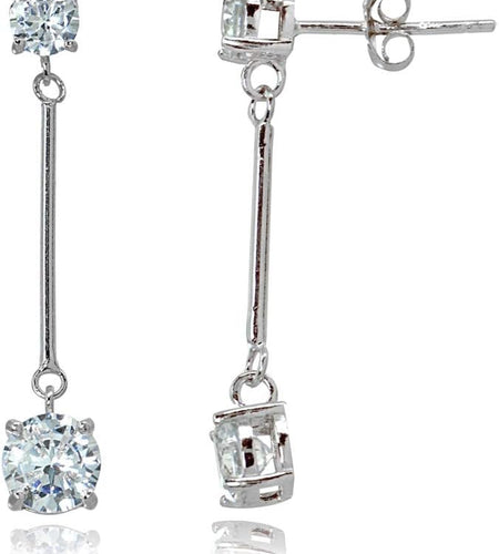 Sterling Silver Cubic Zirconia round Statement Bar Dangle Drop Earrings