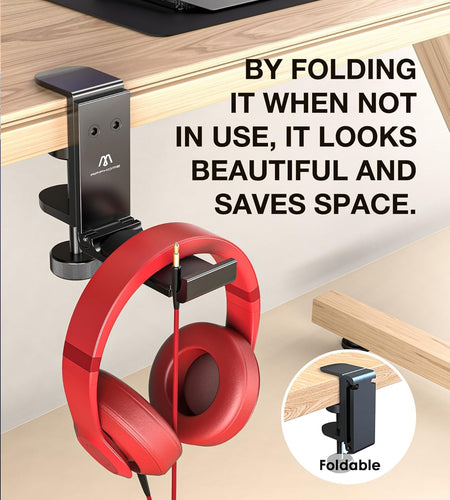 Headphone Hook Desk, Headphones Stand under Table Foldable Headset Holder Clamp Hanger Mount, Built in Cable Clip Organizer for PC Gaming, Office, Backpack Bag Purse Hanging