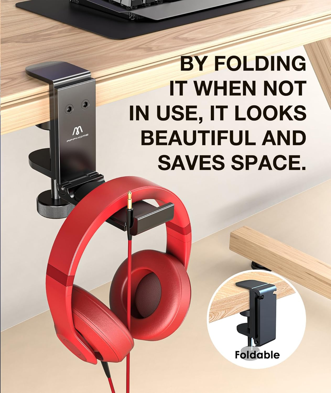 Headphone Hook Desk, Headphones Stand under Table Foldable Headset Holder Clamp Hanger Mount, Built in Cable Clip Organizer for PC Gaming, Office, Backpack Bag Purse Hanging