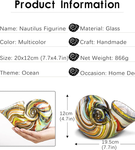 Glass Nautilus Conch, Hand Blown Seashell Art Glass Figurines, Multicolor Glass Sculpture Beautiful Glass Home Decor, Crystal Glass Paperweight